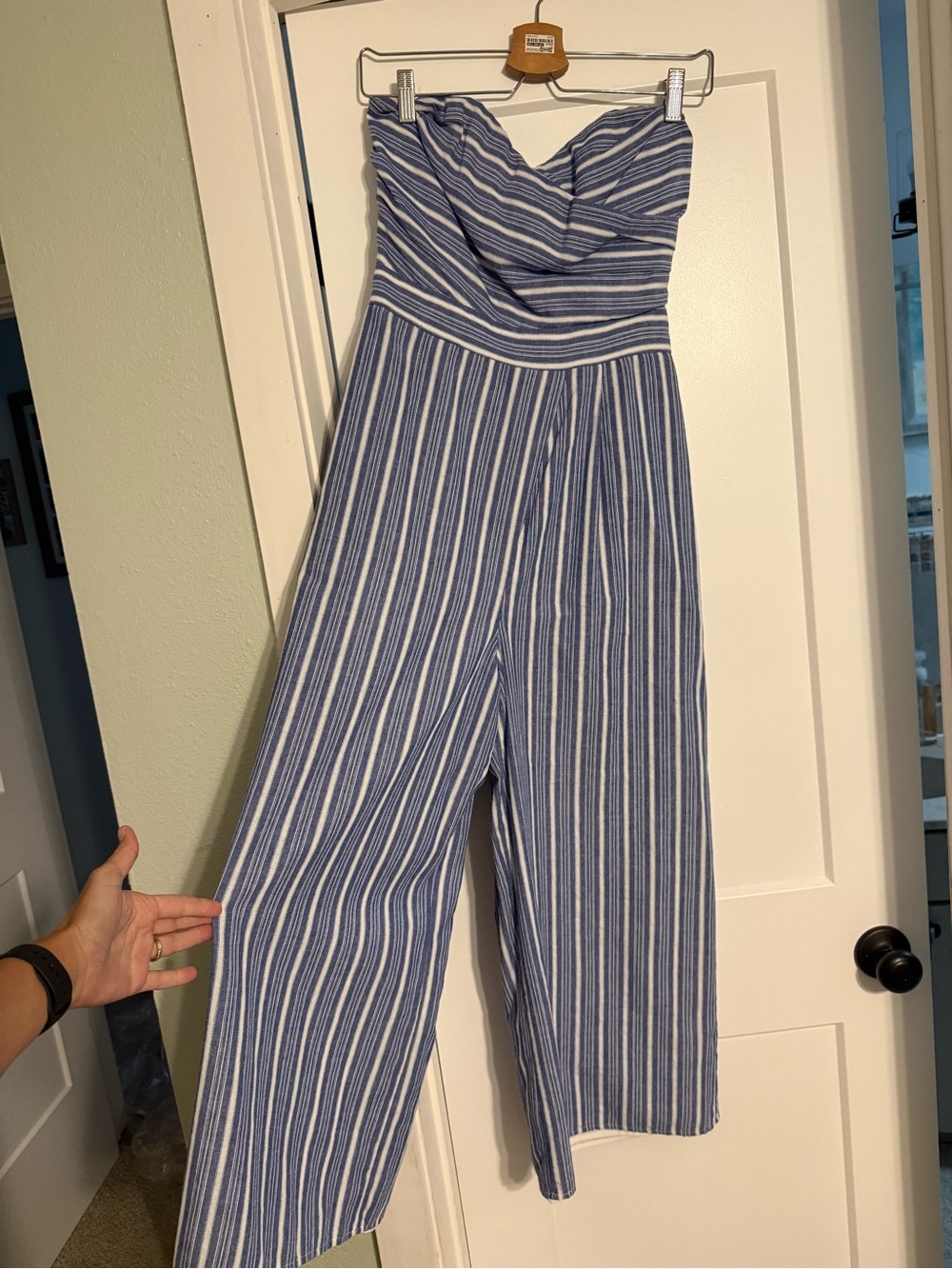 Striped Blue and White Strapless Jumpsuit